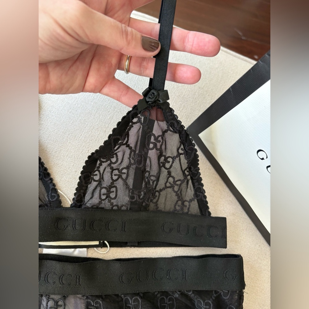 Gucci Black GG Embroidered Tulle Sheer Lingerie Set L New Condition Mesh Logo GG - Picture 13 of 16